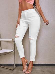 SHEIN 破洞緊身牛仔褲 - 白色 - 查看 1