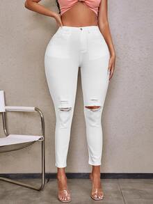 SHEIN 破洞緊身牛仔褲 - 白色 - 查看 3