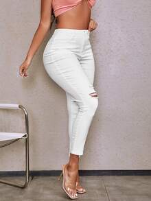 SHEIN 破洞緊身牛仔褲 - 白色 - 查看 4