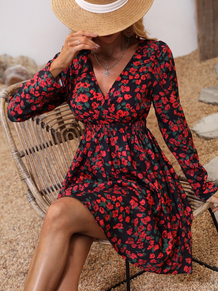 SHEIN LUNE Floral Print Surplice Neck Elastic Waist Dress - Multicolor - View 1