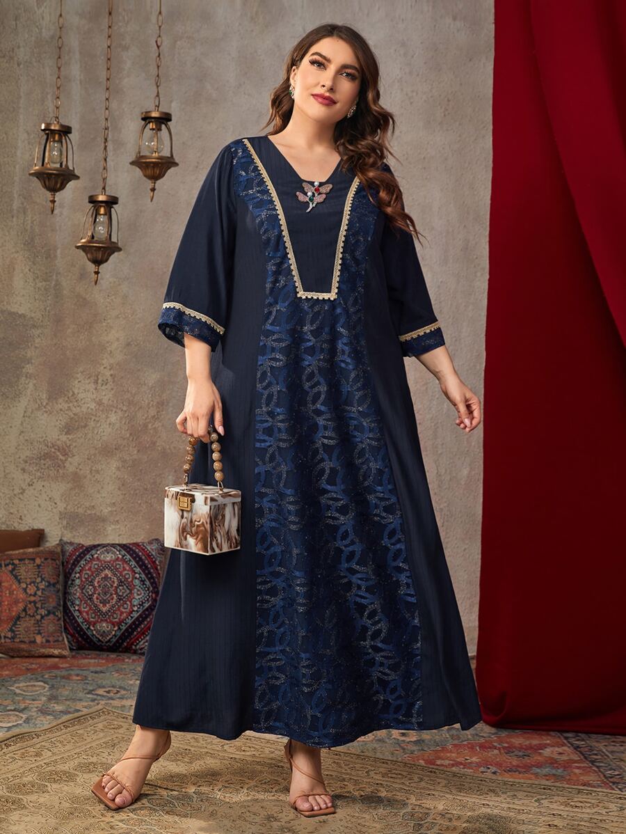 Plus Graphic Print Rhinestone Embroidery Dress - Navy Blue - View 1