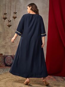 Plus Graphic Print Rhinestone Embroidery Dress - Navy Blue - View 2