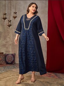 Plus Graphic Print Rhinestone Embroidery Dress - Navy Blue - View 4