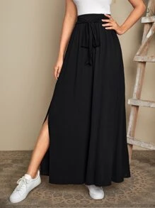 EMERY ROSE Women's Floral Print Tie Waist Slit Hem Skirt Fall Going Out Skirt - Black - View 1