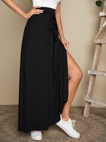 EMERY ROSE Women's Floral Print Tie Waist Slit Hem Skirt Fall Going Out Skirt - Black - View 3