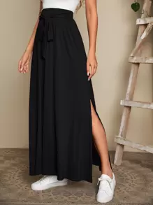 EMERY ROSE Women's Floral Print Tie Waist Slit Hem Skirt Fall Going Out Skirt - Black - View 4