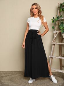 EMERY ROSE Women's Floral Print Tie Waist Slit Hem Skirt Fall Going Out Skirt - Black - View 5