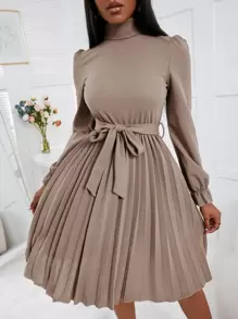 SHEIN Unity 高領荷葉袖百褶下擺繫腰帶洋裝 - 杏色 - 查看 5