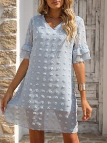 SHEIN LUNE 圓點荷葉袖雪紡直筒連衣裙 - 淺藍色 - 查看 1