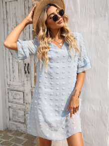 SHEIN LUNE 圓點荷葉袖雪紡直筒連衣裙 - 淺藍色 - 查看 5