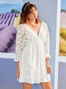 SHEIN Frenchy Deep V Neck Contrast Lace Tie Back Ruffle Hem Dress - White - View 3