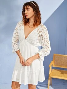 SHEIN Frenchy Deep V Neck Contrast Lace Tie Back Ruffle Hem Dress - White - View 4