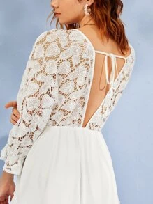 SHEIN Frenchy Deep V Neck Contrast Lace Tie Back Ruffle Hem Dress - White - View 6