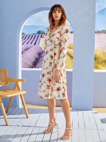 SHEIN Allover Floral Print Frill Trim Surplice Neck Belted Dress - Beige - View 4
