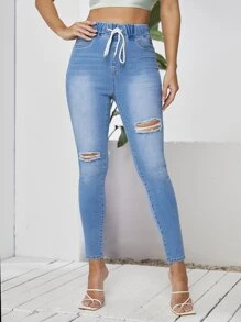 腰部抽繩破洞緊身牛仔褲 - 淺色水洗藍 - 查看 1
