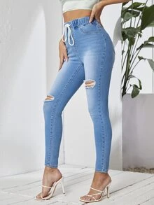 腰部抽繩破洞緊身牛仔褲 - 淺色水洗藍 - 查看 4