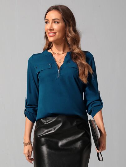 SHEIN LUNE Quarter Zipper Roll Tab Sleeve Blouse