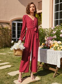 SHEIN Áo liền quần nữ Thắt lưng Nút phía trước Tim Chấm bi Boho - Màu Đỏ Sâu - Xem 1