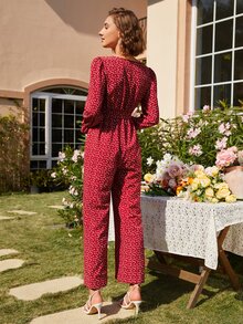 SHEIN Áo liền quần nữ Thắt lưng Nút phía trước Tim Chấm bi Boho - Màu Đỏ Sâu - Xem 2