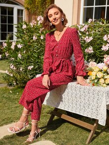 SHEIN Áo liền quần nữ Thắt lưng Nút phía trước Tim Chấm bi Boho - Màu Đỏ Sâu - Xem 3