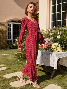 SHEIN Áo liền quần nữ Thắt lưng Nút phía trước Tim Chấm bi Boho - Màu Đỏ Sâu - Xem 4