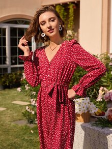 SHEIN Áo liền quần nữ Thắt lưng Nút phía trước Tim Chấm bi Boho - Màu Đỏ Sâu - Xem 5