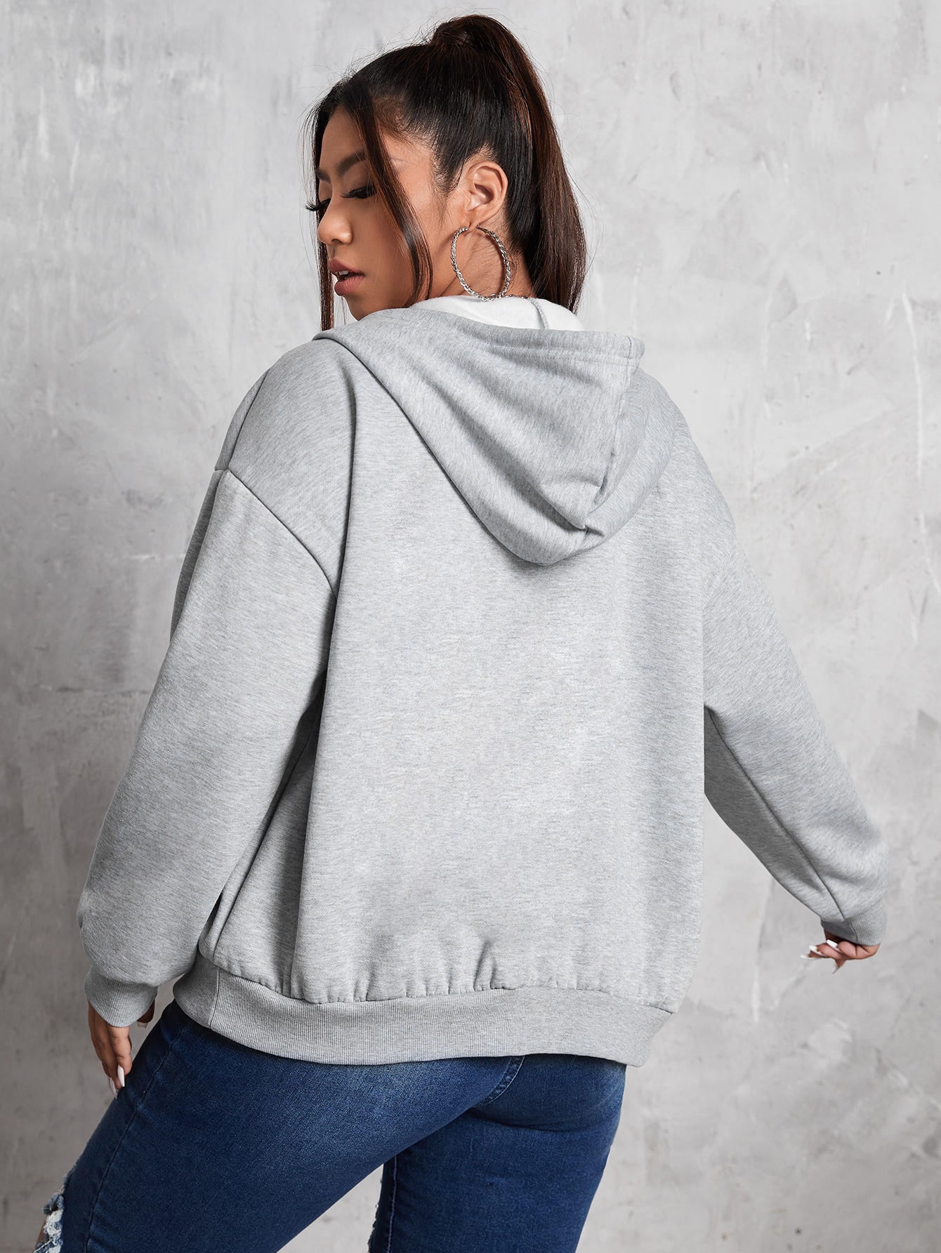 Our Plus Drop Shoulder Zipper Placket Drawstring Hooded