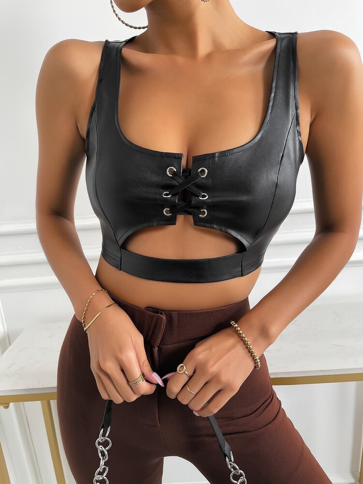 Criss Cross Cut Out Crop Patent Tank Top - Black - View 1