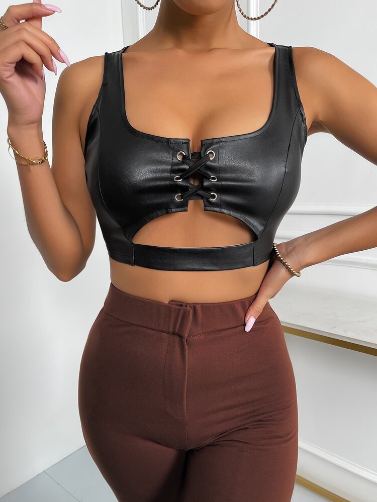 Criss Cross Cut Out Crop Patent Tank Top - Black - View 6