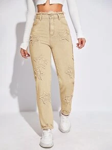 Jeans de talle alto con estrella con parche - Caqui - Ver 1