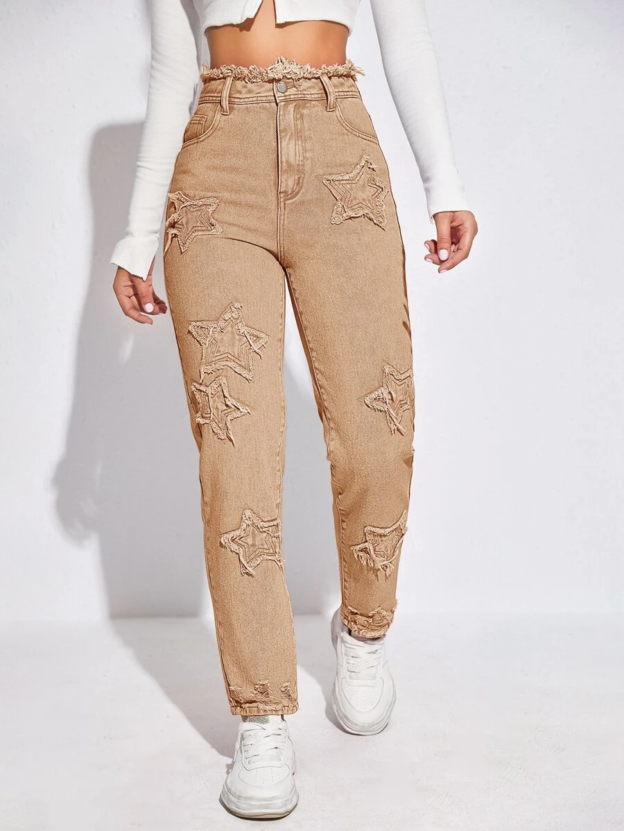 Jeans de talle alto con estrella con parche - Albaricoque - Ver 1