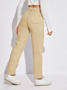 Jeans de talle alto con estrella con parche - Caqui - Ver 2