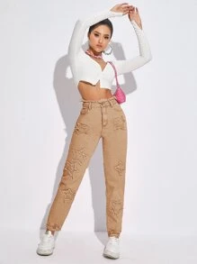 Jeans de talle alto con estrella con parche - Albaricoque - Ver 3