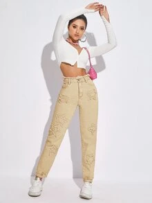 Jeans de talle alto con estrella con parche - Caqui - Ver 3