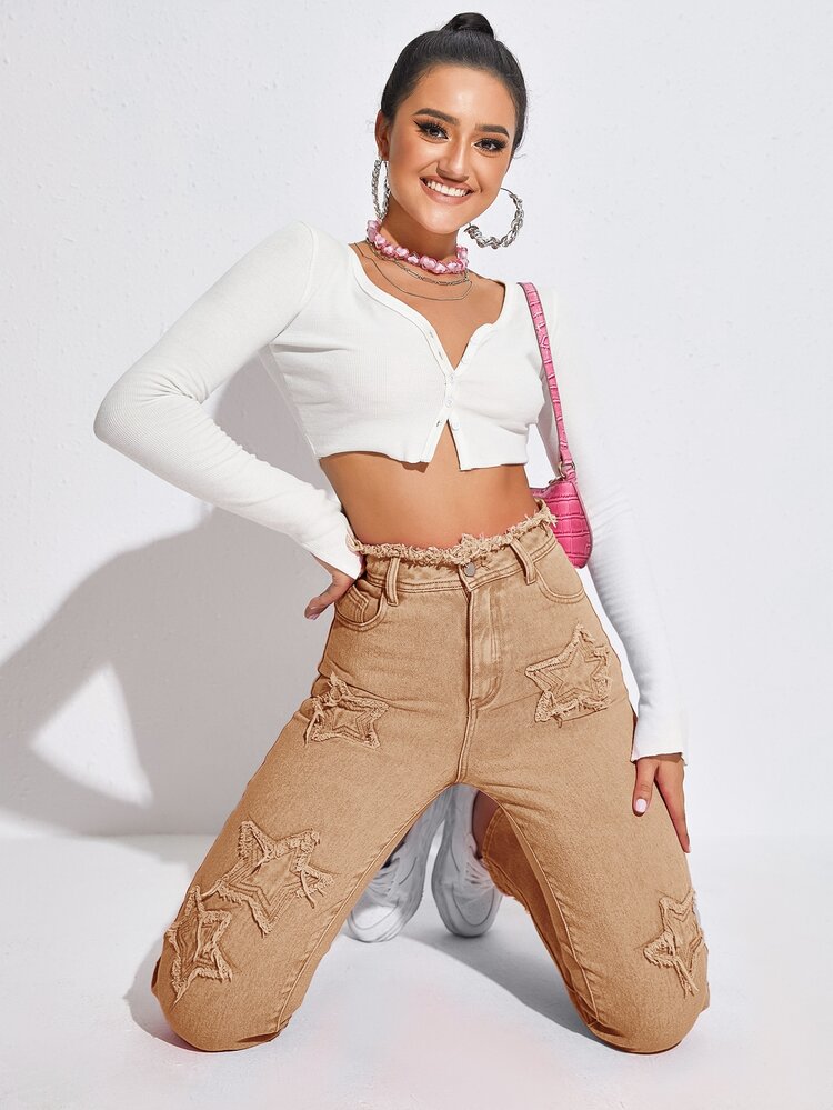 High Waist Star Patched Jeans - Apricot - View 4