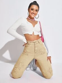 Jeans de talle alto con estrella con parche - Caqui - Ver 4