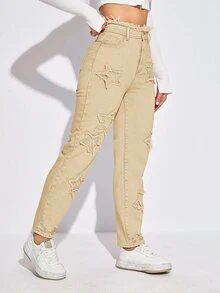 Jeans de talle alto con estrella con parche - Caqui - Ver 5