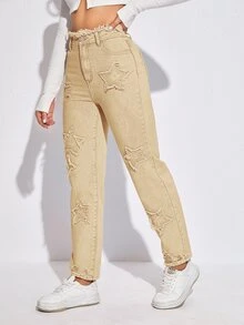 Jeans de talle alto con estrella con parche - Caqui - Ver 6