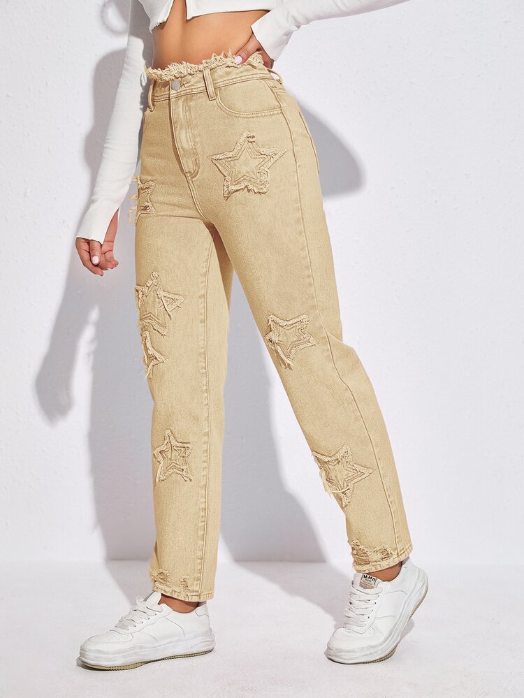 High Waist Star Patched Jeans - Khaki - View 6