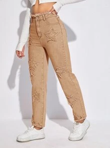 Jeans de talle alto con estrella con parche - Albaricoque - Ver 6