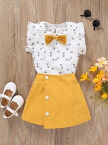 小女童愛心圖案前蝴蝶結荷葉邊上衣和不對稱下擺裙裤 - 彩色 - 查看 1