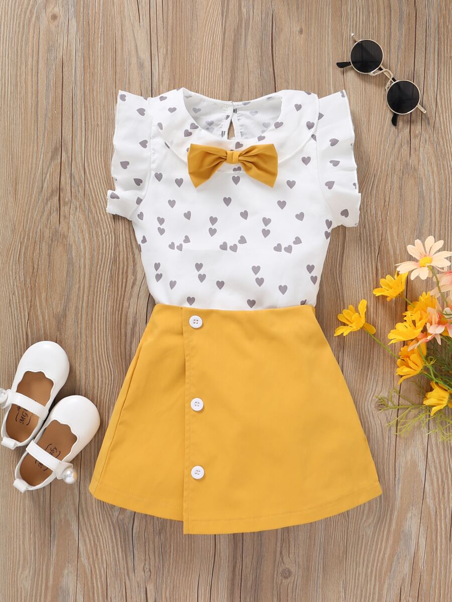 小女童愛心圖案前蝴蝶結荷葉邊上衣和不對稱下擺裙裤 - 彩色 - 查看 1