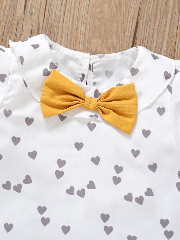 小女童愛心圖案前蝴蝶結荷葉邊上衣和不對稱下擺裙裤 - 彩色 - 查看 3