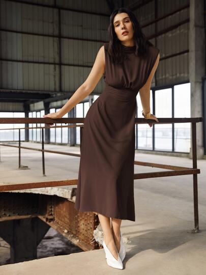 BizChic Women's Dark Brown Elegant Autumn Dress, Solid Color Wide Small Stand Collar Waist Dress For Wedding Guest, Brunch, Business Casual Attire