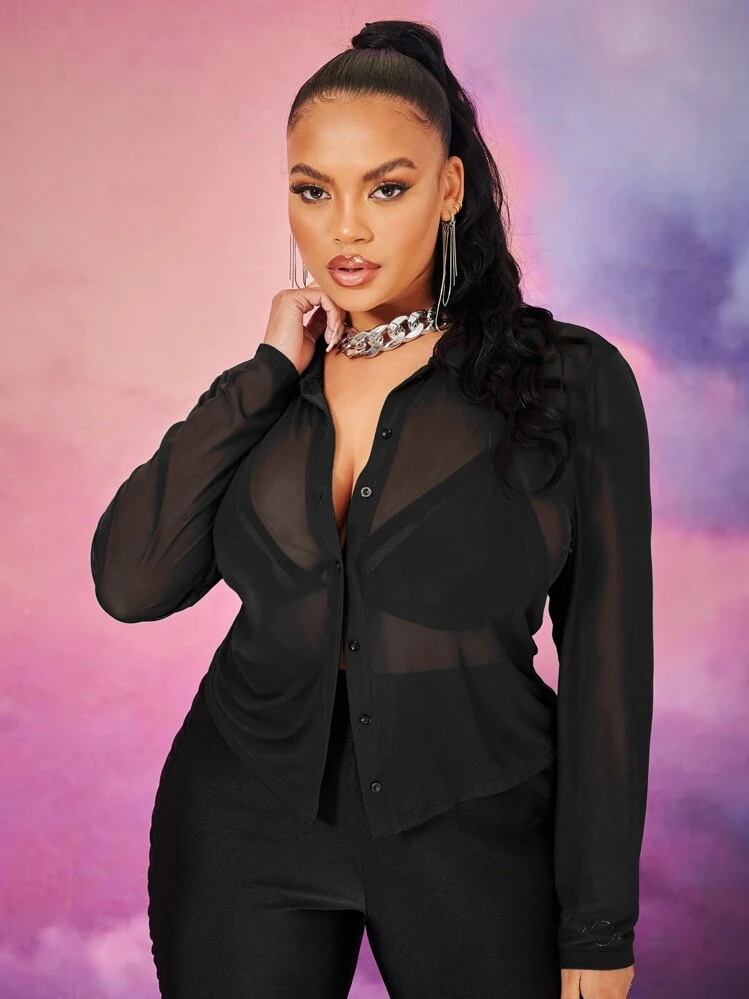 SHEIN SXY Camisa de malla transparente sin sujetador - Negro - Añade 1