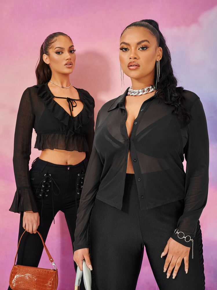 SHEIN SXY Camisa de malla transparente sin sujetador - Negro - Añade 3