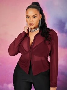 SHEIN SXY 大碼薄透網紗襯衫不附帶胸罩 - 酒紅色 - 查看 1