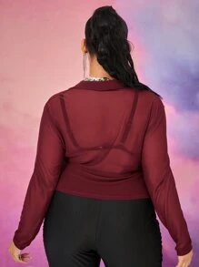 SHEIN SXY 大碼薄透網紗襯衫不附帶胸罩 - 酒紅色 - 查看 2