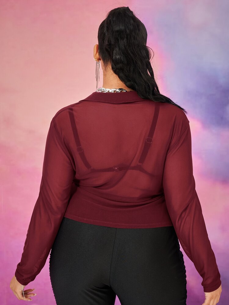 SHEIN SXY 大碼薄透網紗襯衫不附帶胸罩 - 酒紅色 - 查看 2