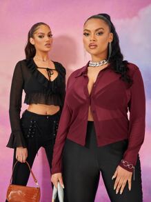 SHEIN SXY 大碼薄透網紗襯衫不附帶胸罩 - 酒紅色 - 查看 3